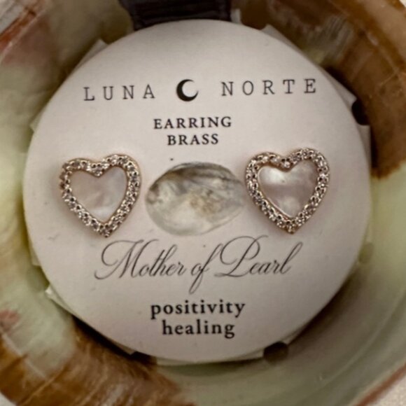 NWT Luna Norte Mother of Pearl Heart Studs with Banded Calcite Box Case & Pouch - Picture 3 of 11
